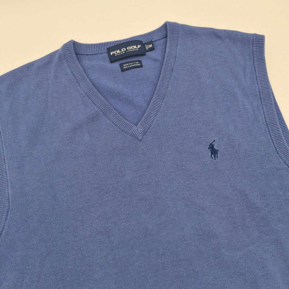 Polo Golf Ralph Lauren Blue Cotton Cashmere V-Neck Sweater Vest Mens Medium